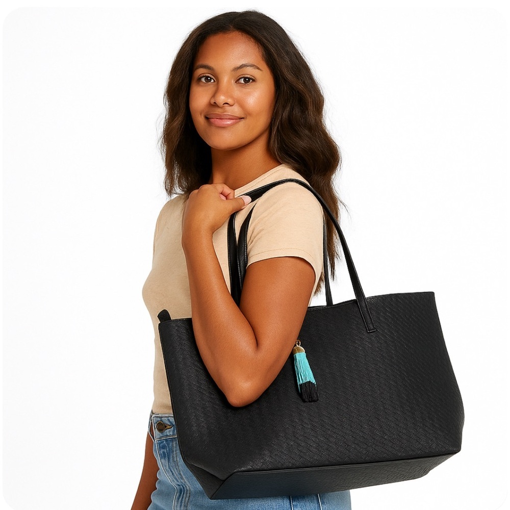 * Black Basket Weave Tote Bag with Zipper & Teal Tassel – NWT